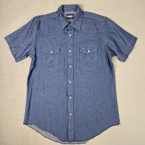 Wrangler Shirt Mens XLT‎ Wrancher Western Pearl Snap Blue Denim Cowboy Rodeo S/S